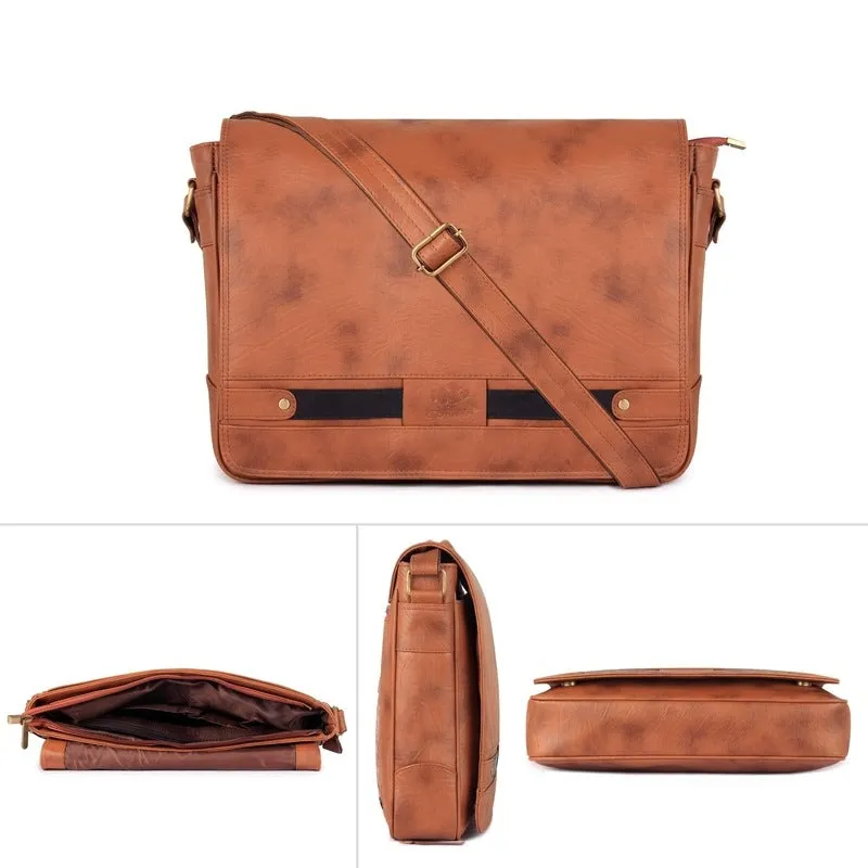 15.6-inch Laptop Briefcase - Faux Leather Messenger Bag | Slim Cushioned Sleeve | Honey Brown