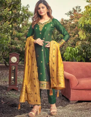 Banarasi Jacquard Green Salwar Kameez Suit Pant Bottom