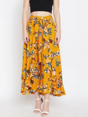 Berrylush Women Mustard Yellow Floral Printed Ruffled Asymmetrical Hem Maxi Skirt