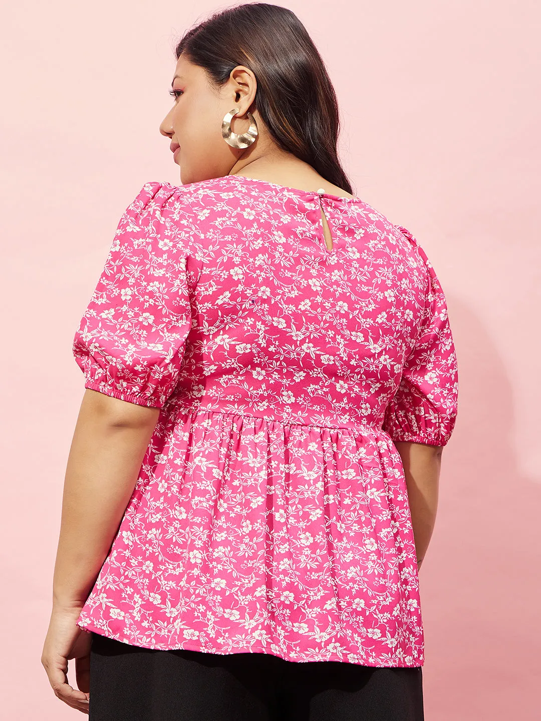 Berrylush Women Plus Size Pink & White Floral Printed Round Neck Button-Up Crepe Pleated Regular Top