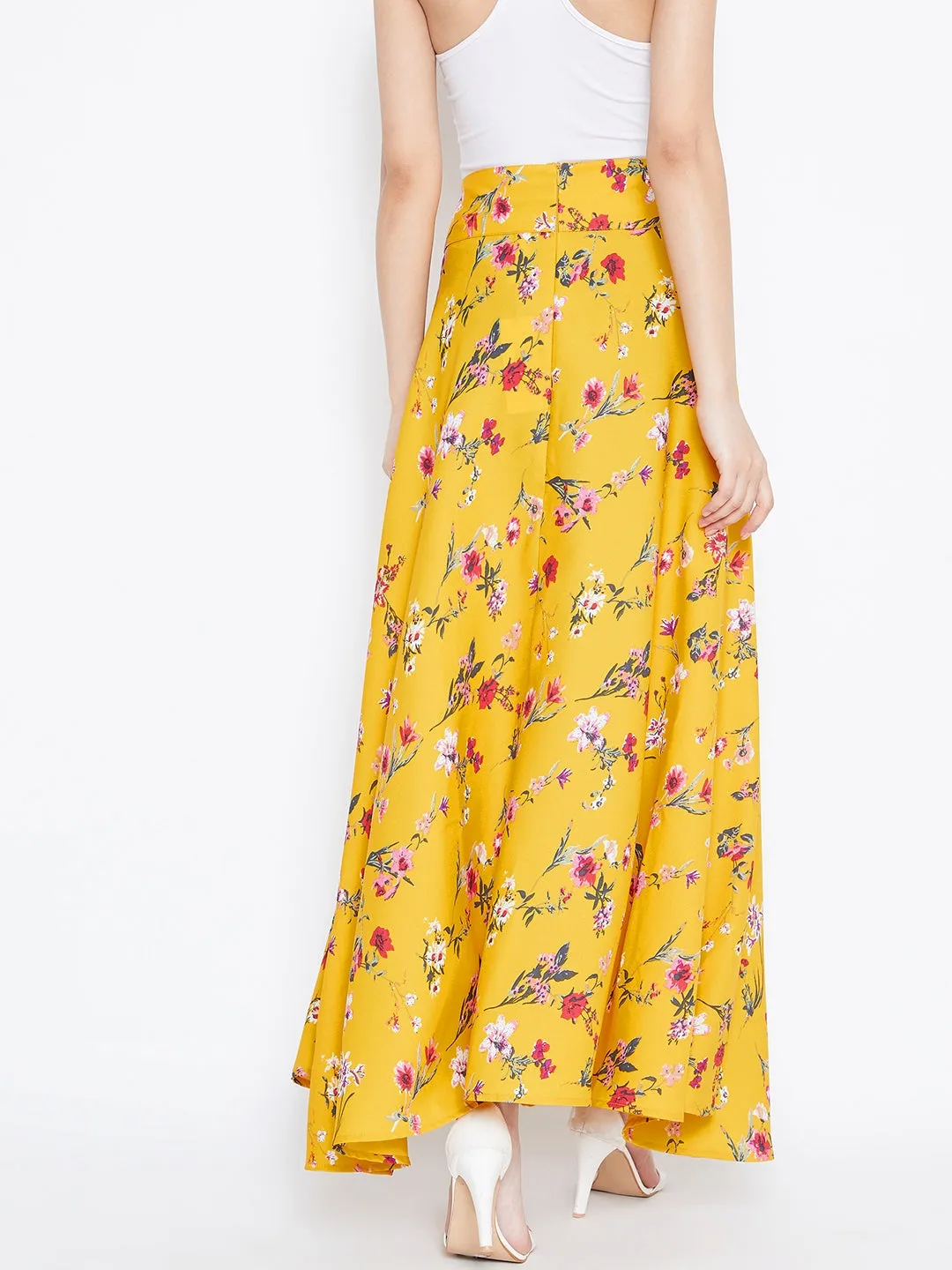 Berrylush Women Yellow & Pink Floral Printed Bow Tie Waist Flared Maxi Skirt