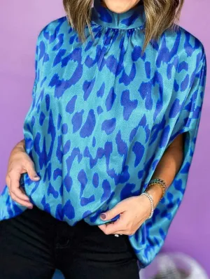 Blue Leopard Mock Neck Satin Blouse