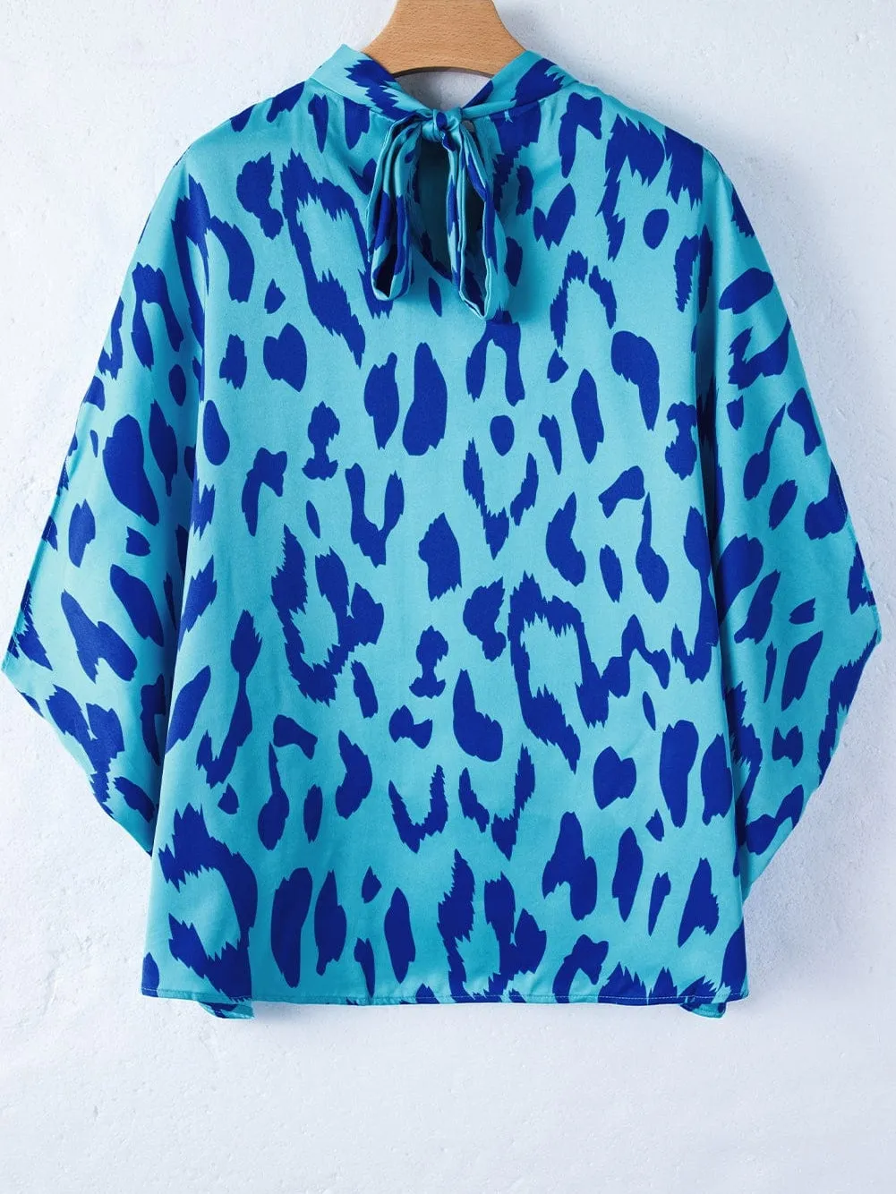 Blue Leopard Mock Neck Satin Blouse