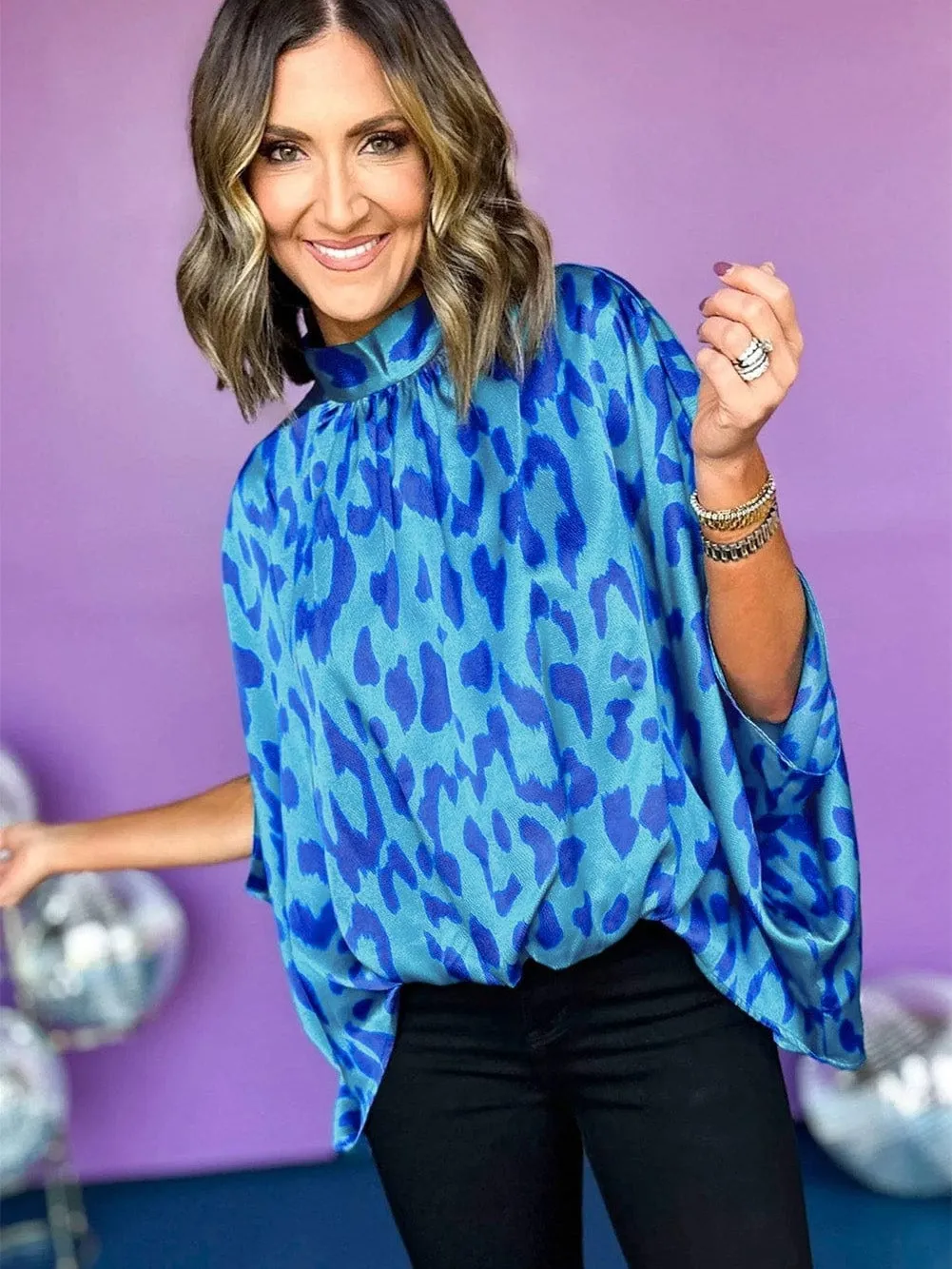 Blue Leopard Mock Neck Satin Blouse