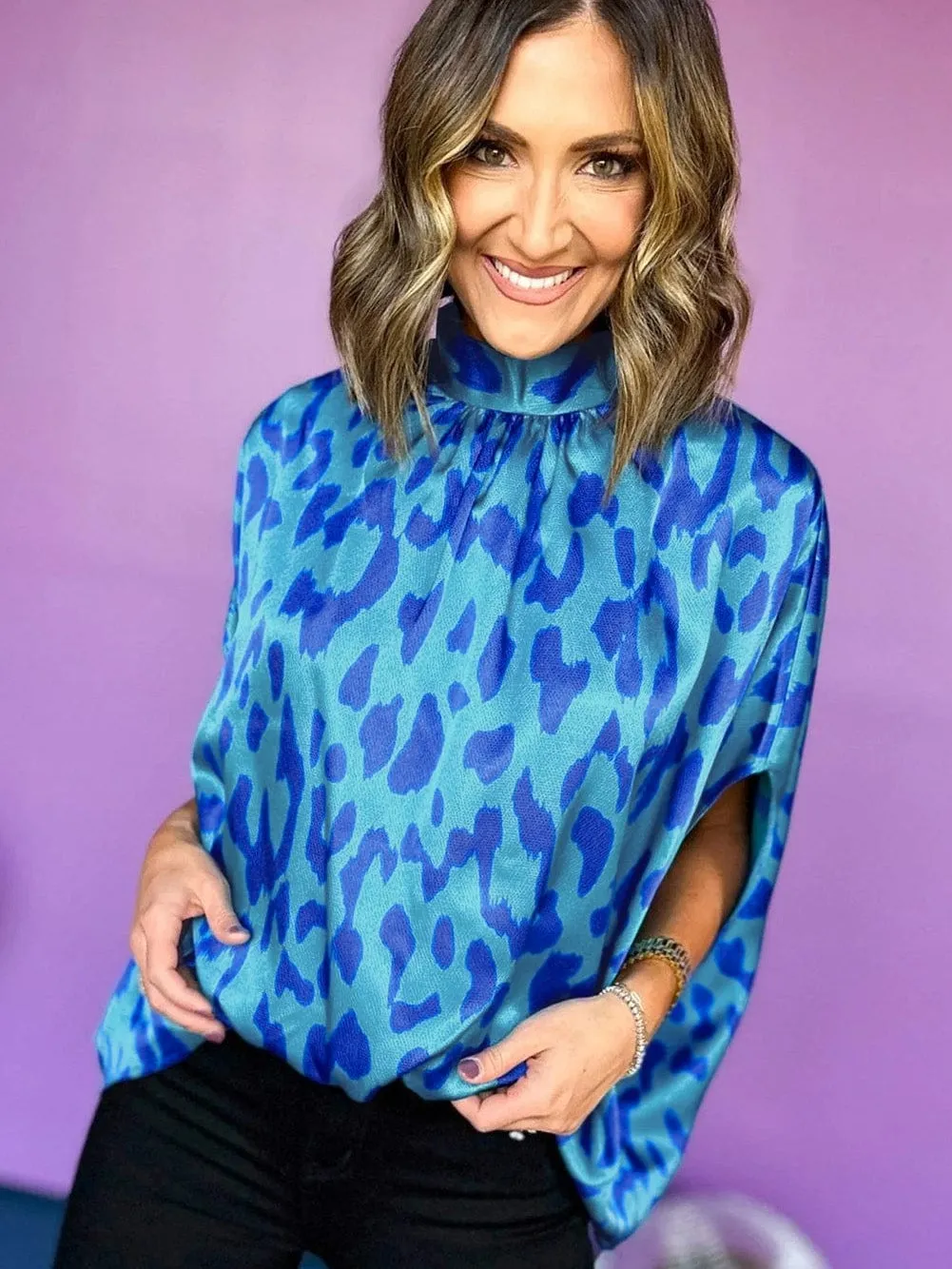 Blue Leopard Mock Neck Satin Blouse