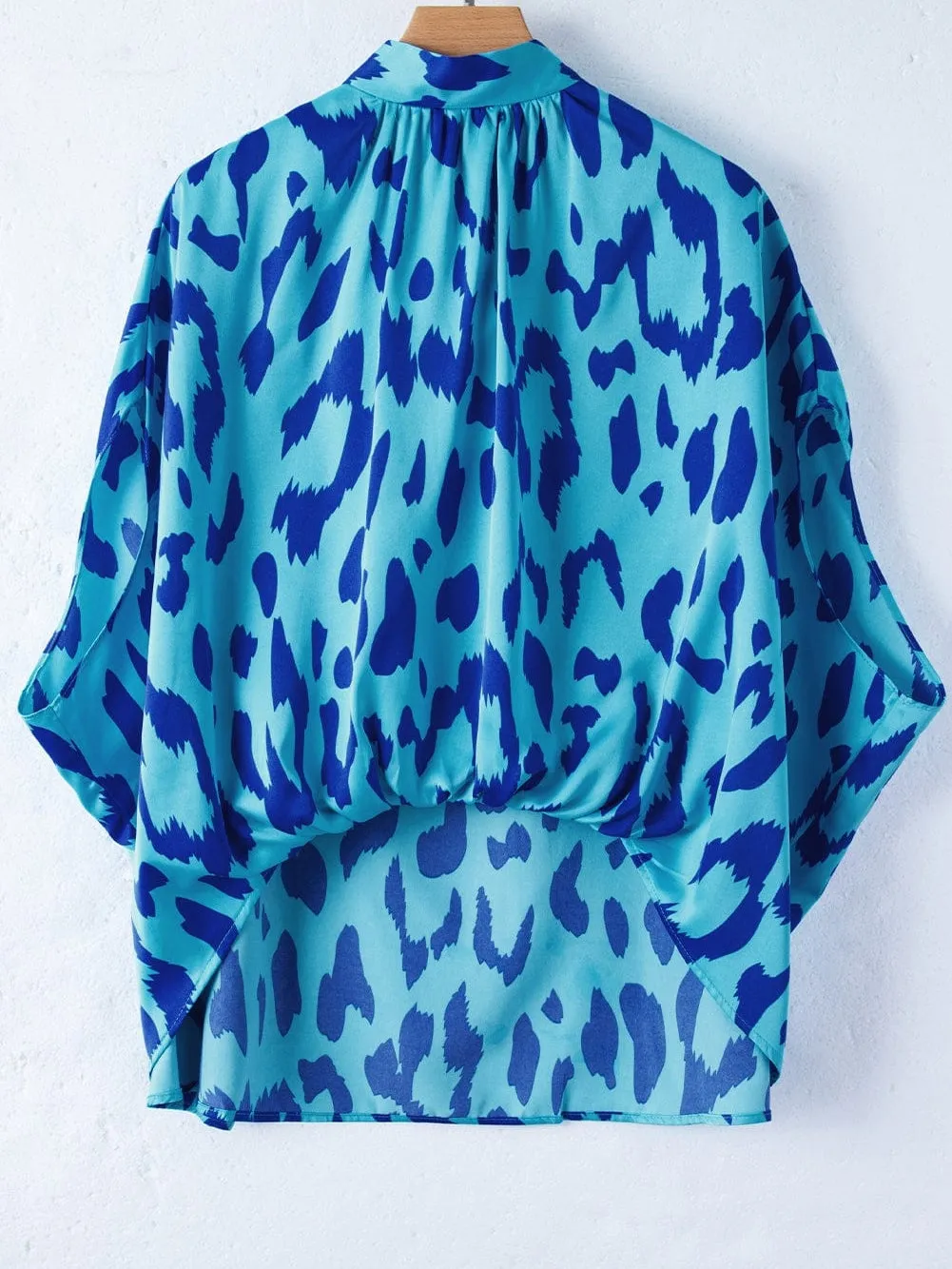 Blue Leopard Mock Neck Satin Blouse