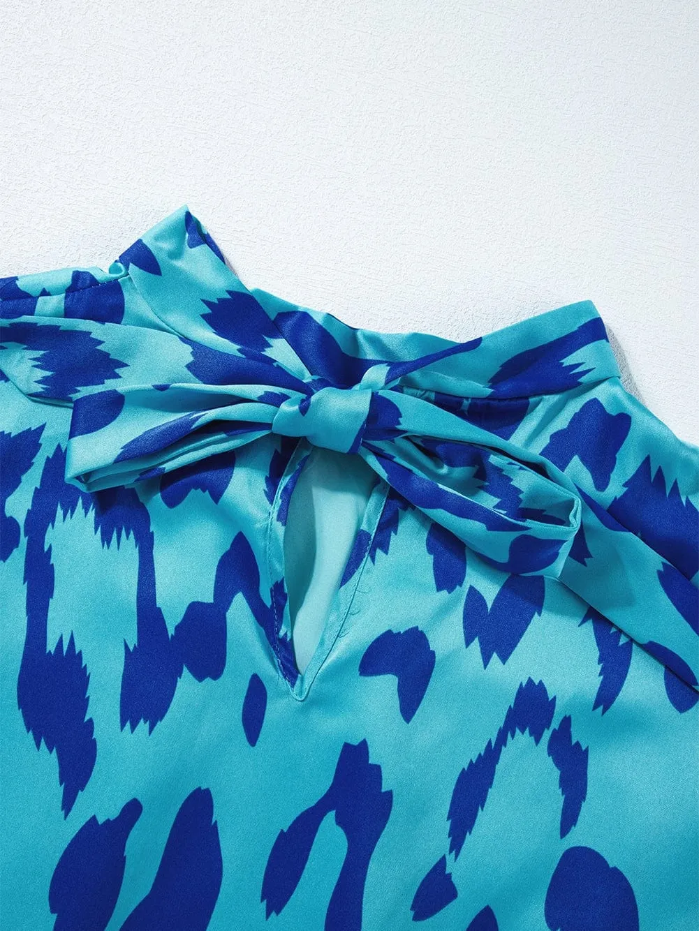 Blue Leopard Mock Neck Satin Blouse