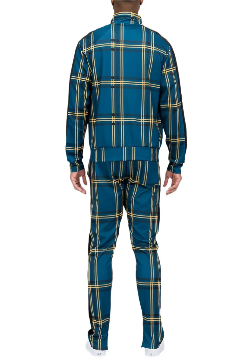 Blue Yellow Black Plaid Track Jacket and Pant Set Mens