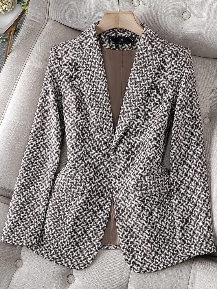 CAROLINE SUITS Women's Elegant Stylish Fashion Office Professional Woven Black Plaid Blazer Jacket