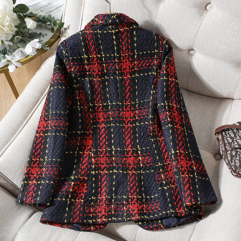 CAROLINE SUITS Women's Elegant Stylish Fashion Office Professional Woven Deep Blue & Red Plaid Blazer Jacket