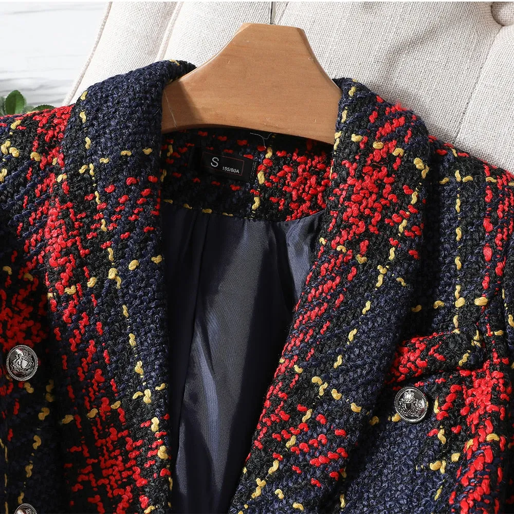 CAROLINE SUITS Women's Elegant Stylish Fashion Office Professional Woven Deep Blue & Red Plaid Blazer Jacket