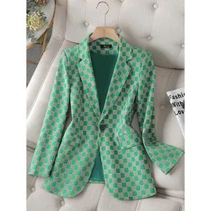 CAROLINE SUITS Women's Elegant Stylish Fashion Office Professional Woven Green Plaid Blazer Jacket