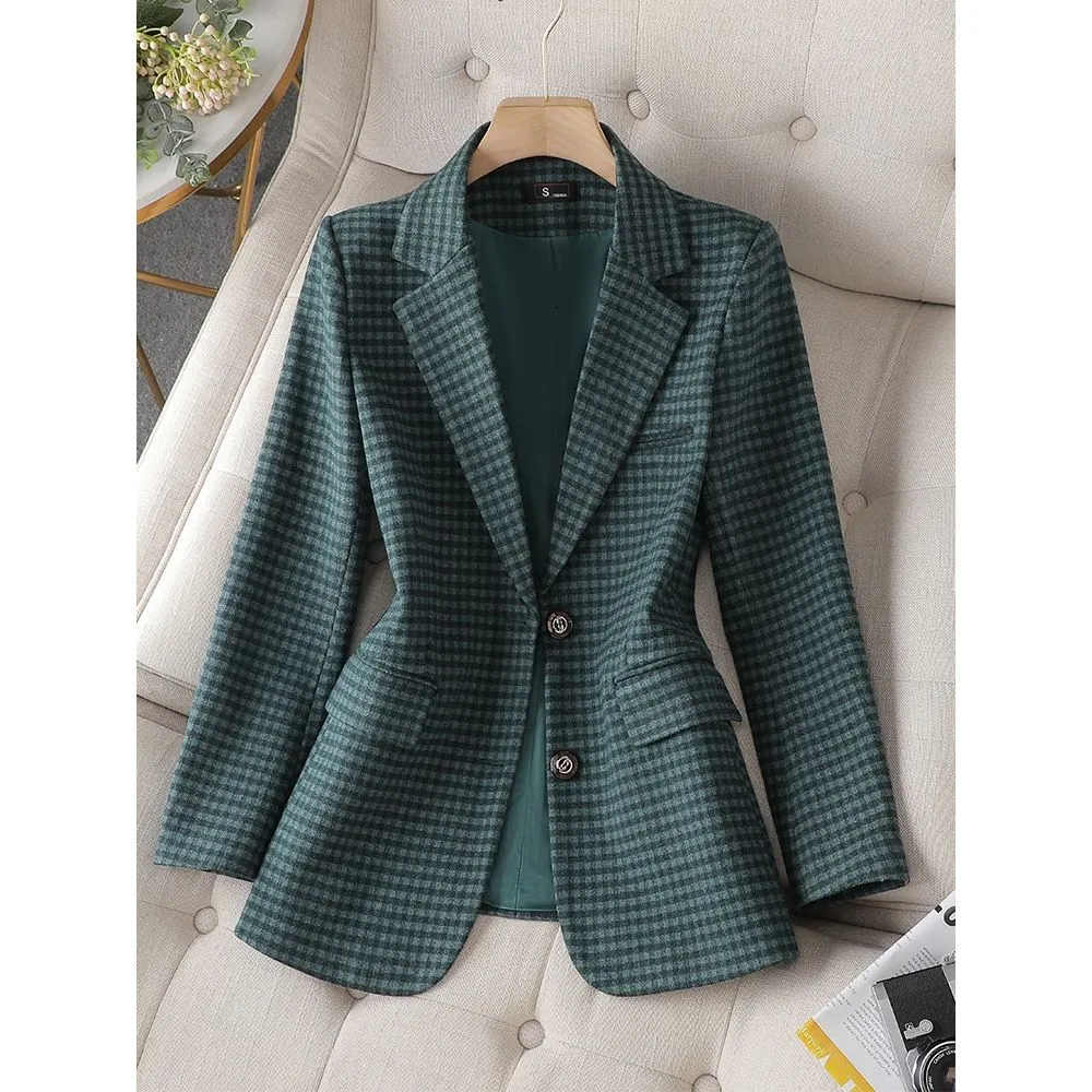 CAROLINE SUITS Women's Elegant Stylish Fashion Office Professional Woven Khaki Brown Plaid Blazer Jacket