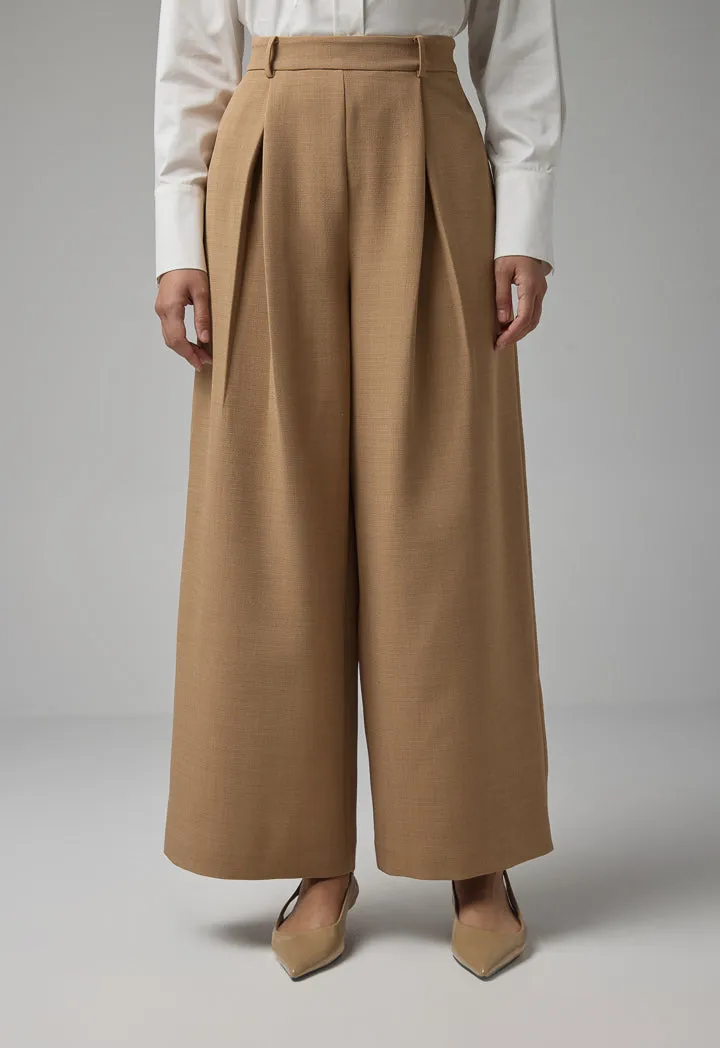 Choice Solid Wide Legs Pleated Culottes Camel