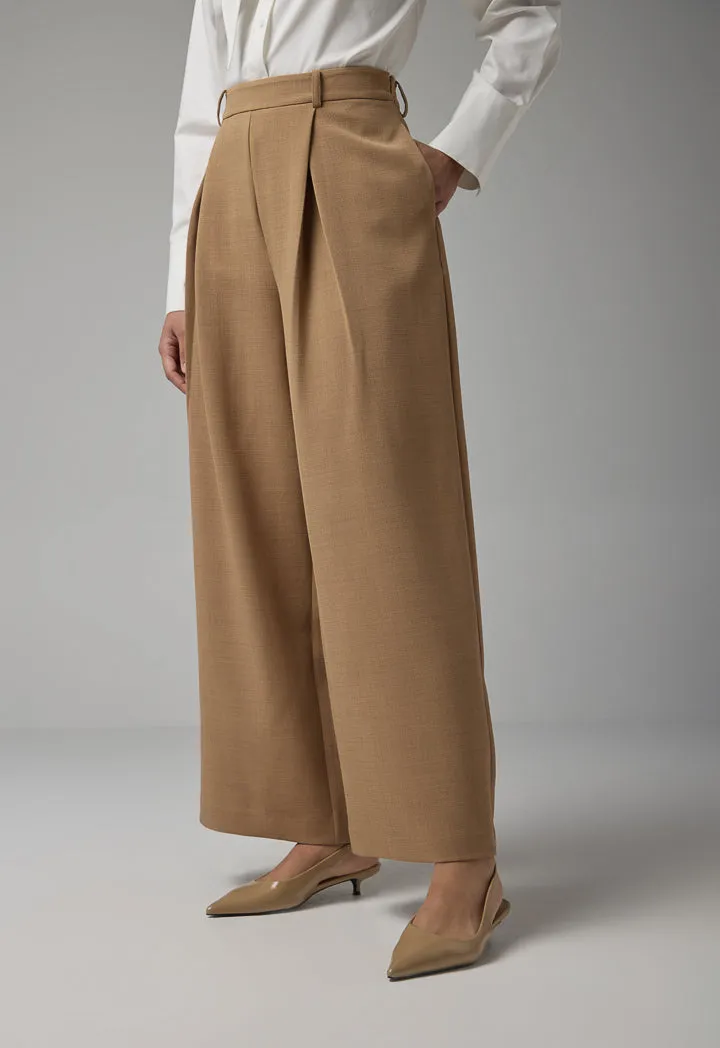 Choice Solid Wide Legs Pleated Culottes Camel