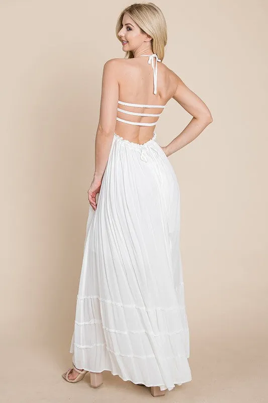 Cream Smocked Flowy Boho Pleated Backless Maxi Dress