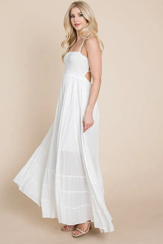 Cream Smocked Flowy Boho Pleated Backless Maxi Dress