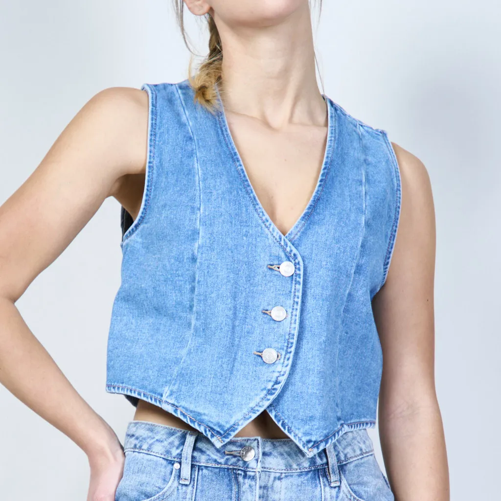 Cropped sleeveless denim vest wholesale