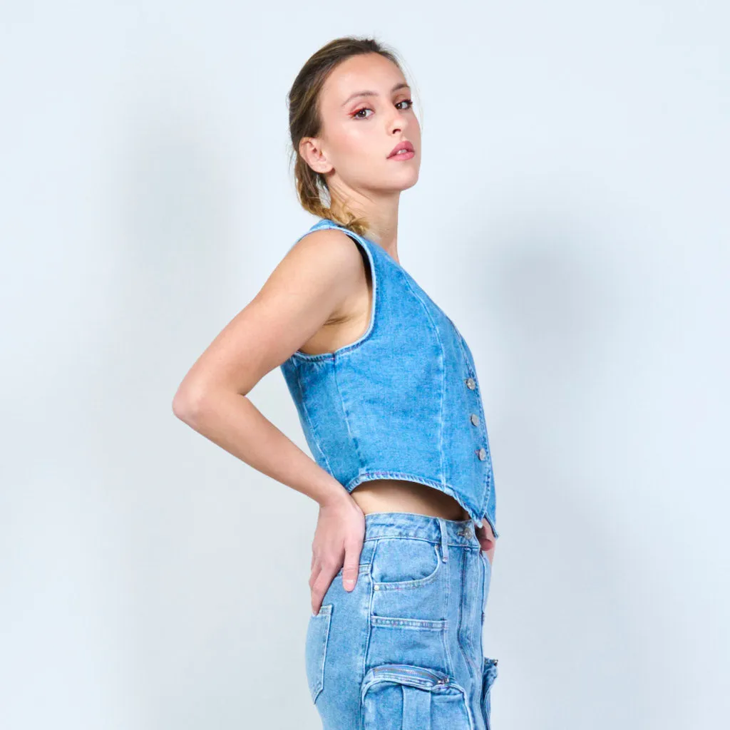 Cropped sleeveless denim vest wholesale