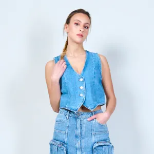 Cropped sleeveless denim vest wholesale