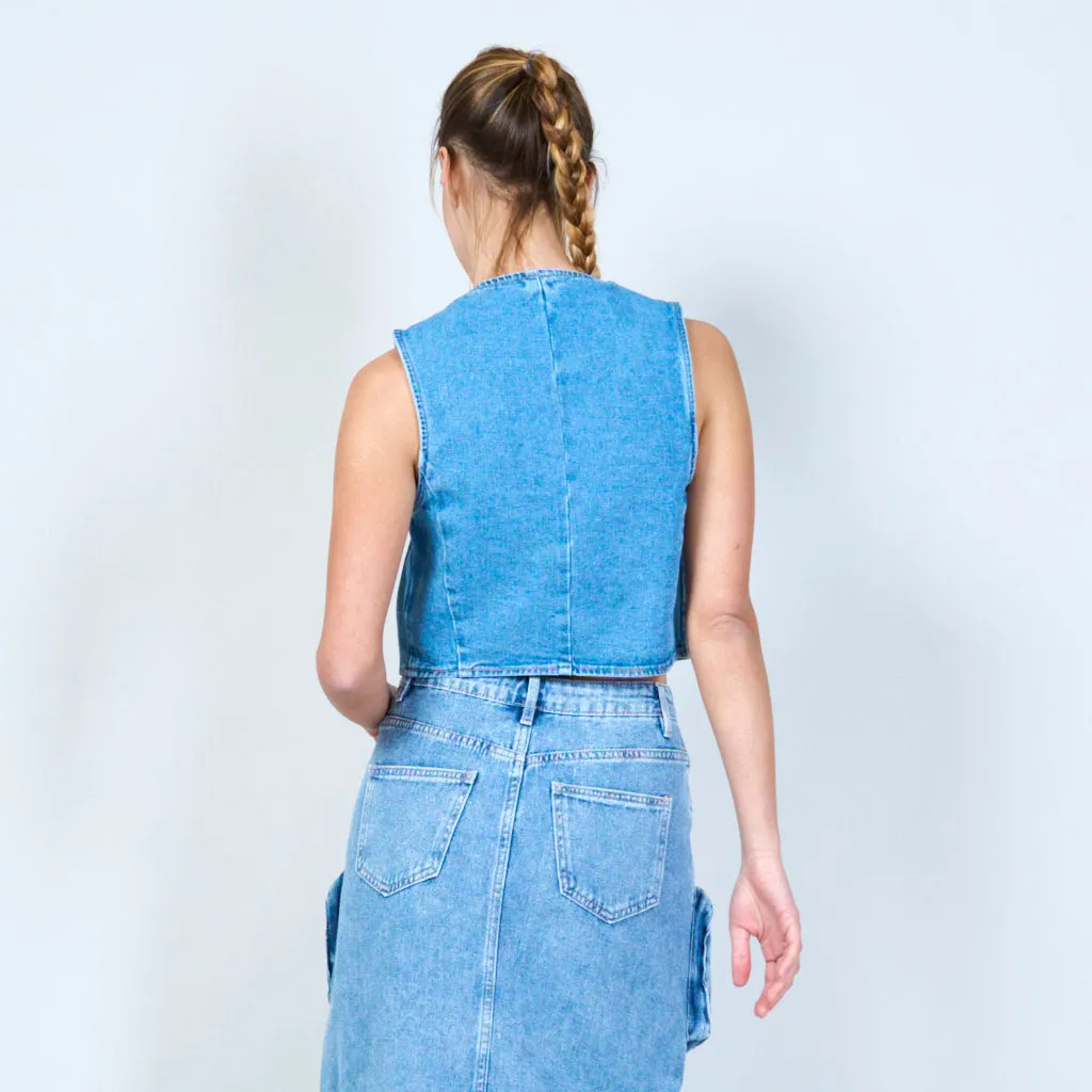 Cropped sleeveless denim vest wholesale