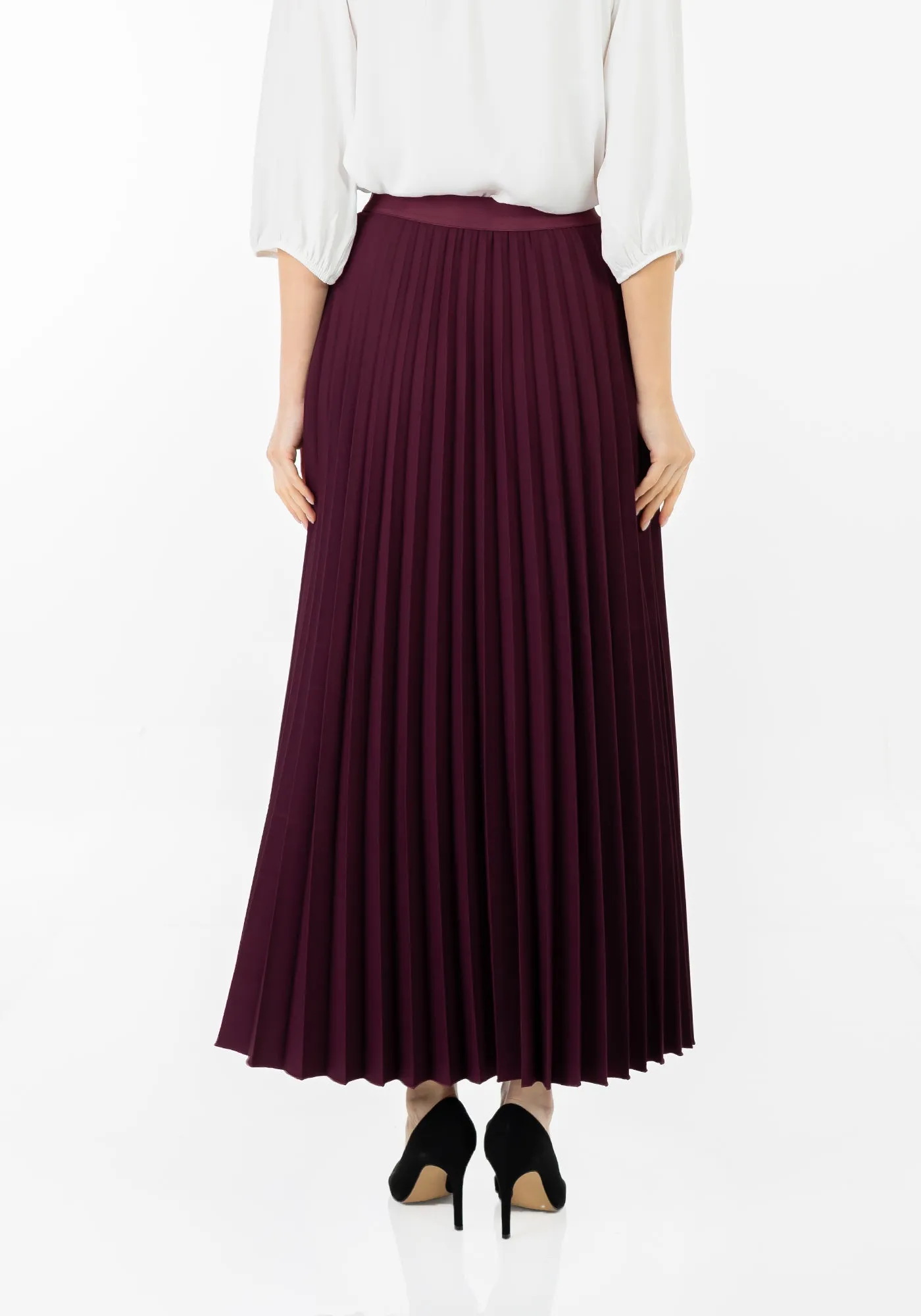 Damson Pleated Maxi Skirt Elastic Waist Band Ankle Length Plisse Skirt