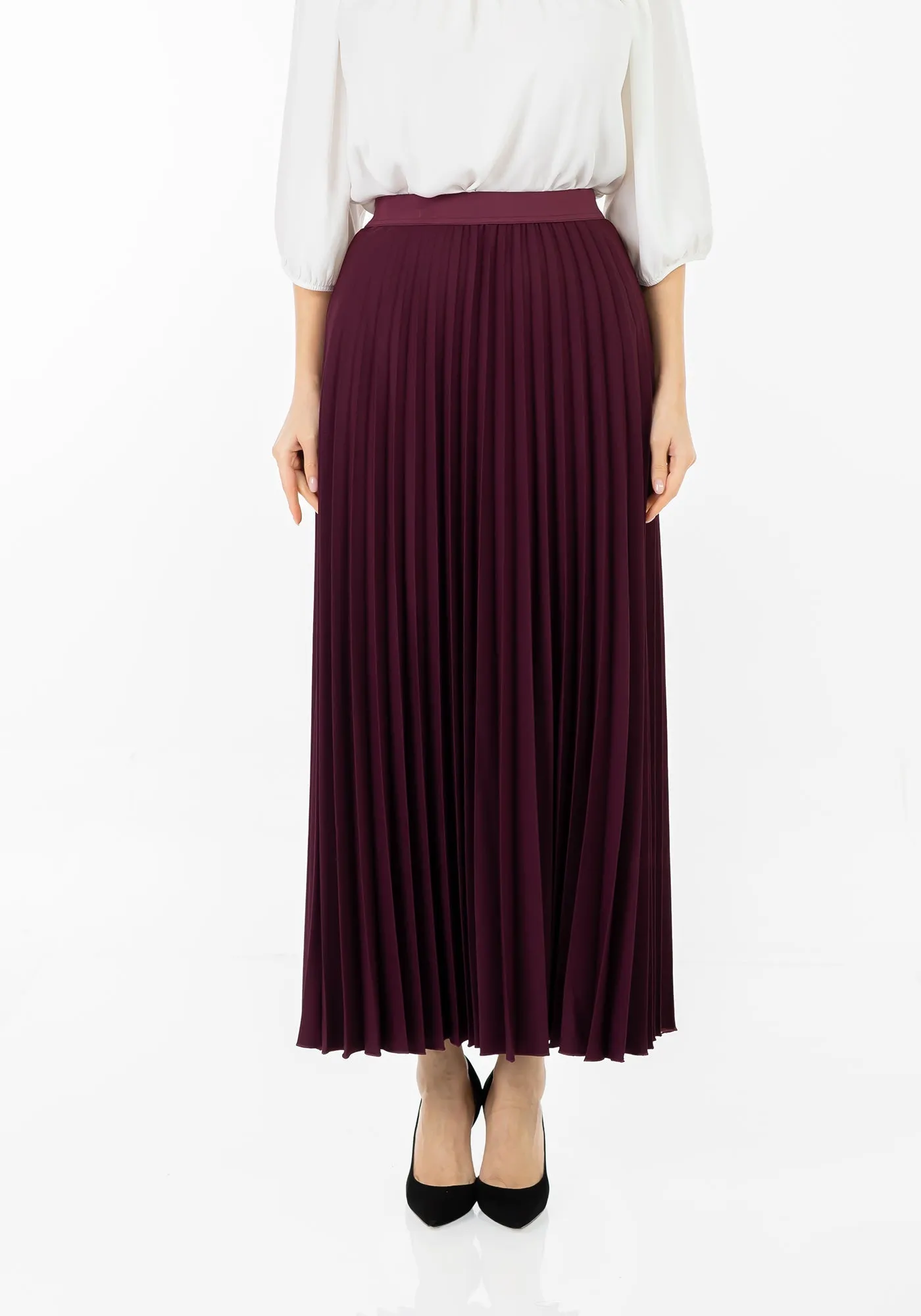 Damson Pleated Maxi Skirt Elastic Waist Band Ankle Length Plisse Skirt