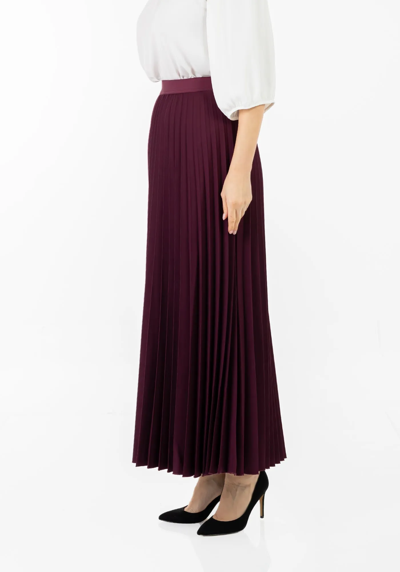 Damson Pleated Maxi Skirt Elastic Waist Band Ankle Length Plisse Skirt