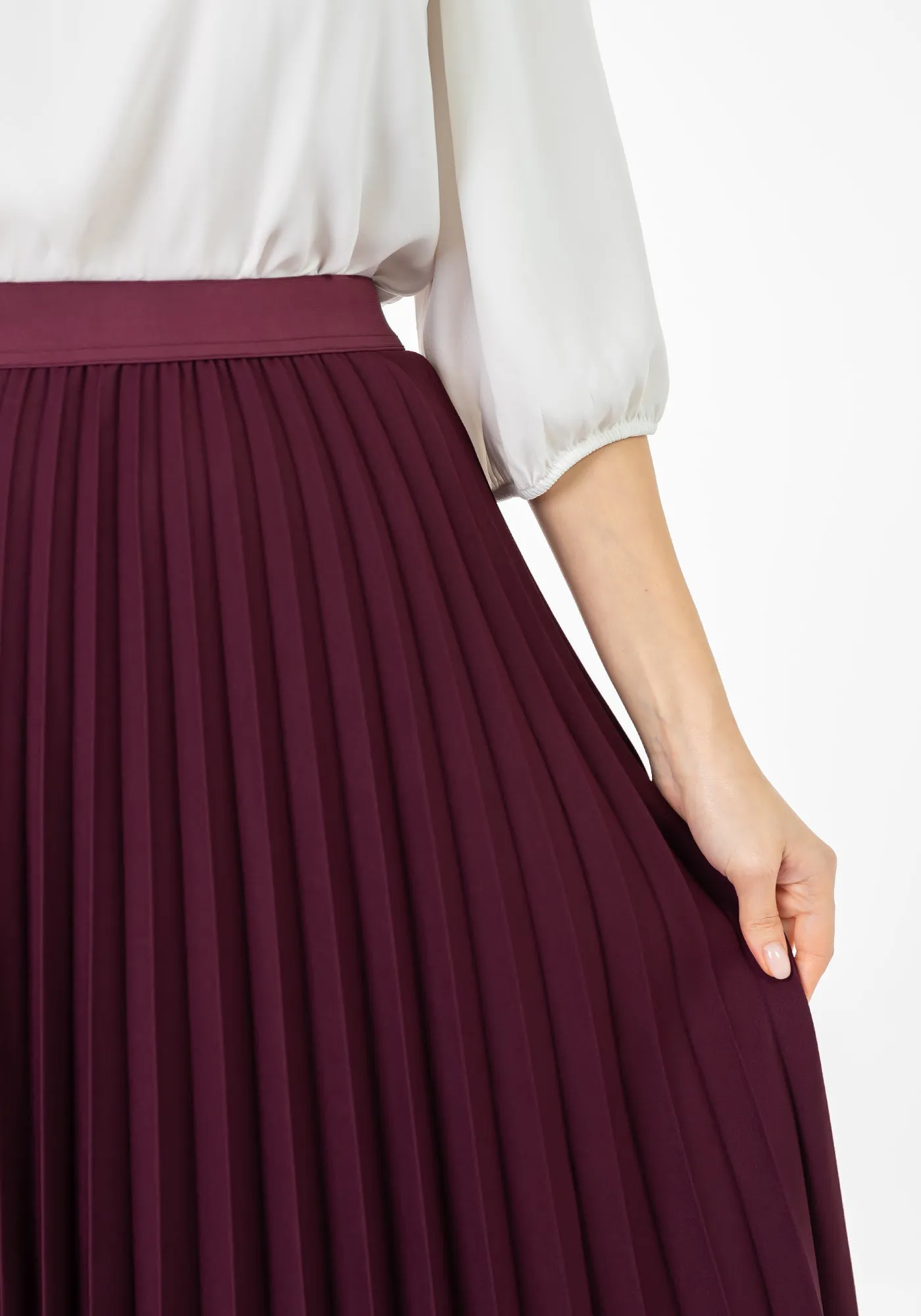 Damson Pleated Maxi Skirt Elastic Waist Band Ankle Length Plisse Skirt