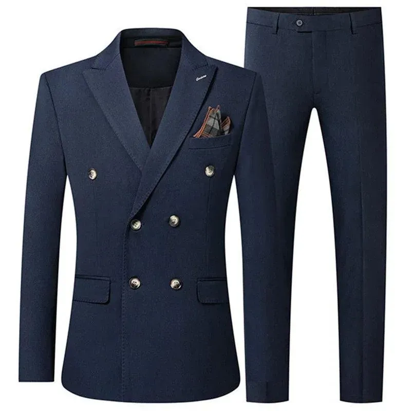 Double-Breasted Solid Men Suit - Business Formal