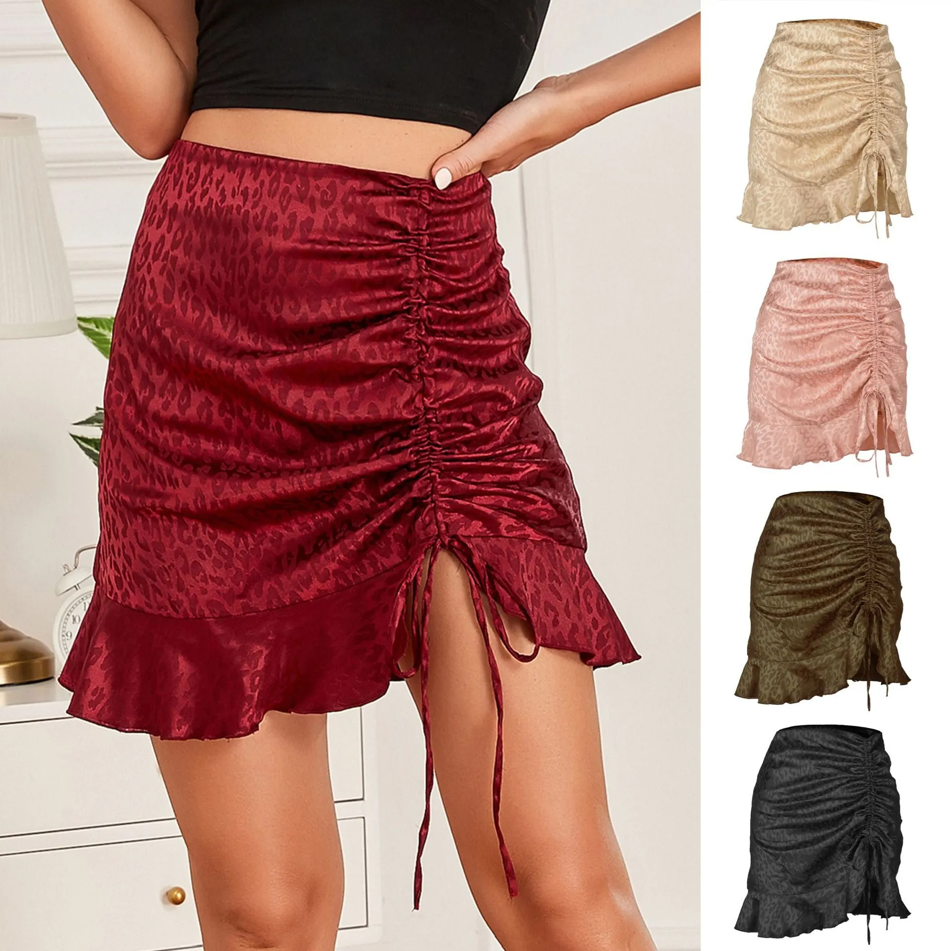 Drawstring Pleated Leopard Sexy Jacquard Satin Mermaid Skirts