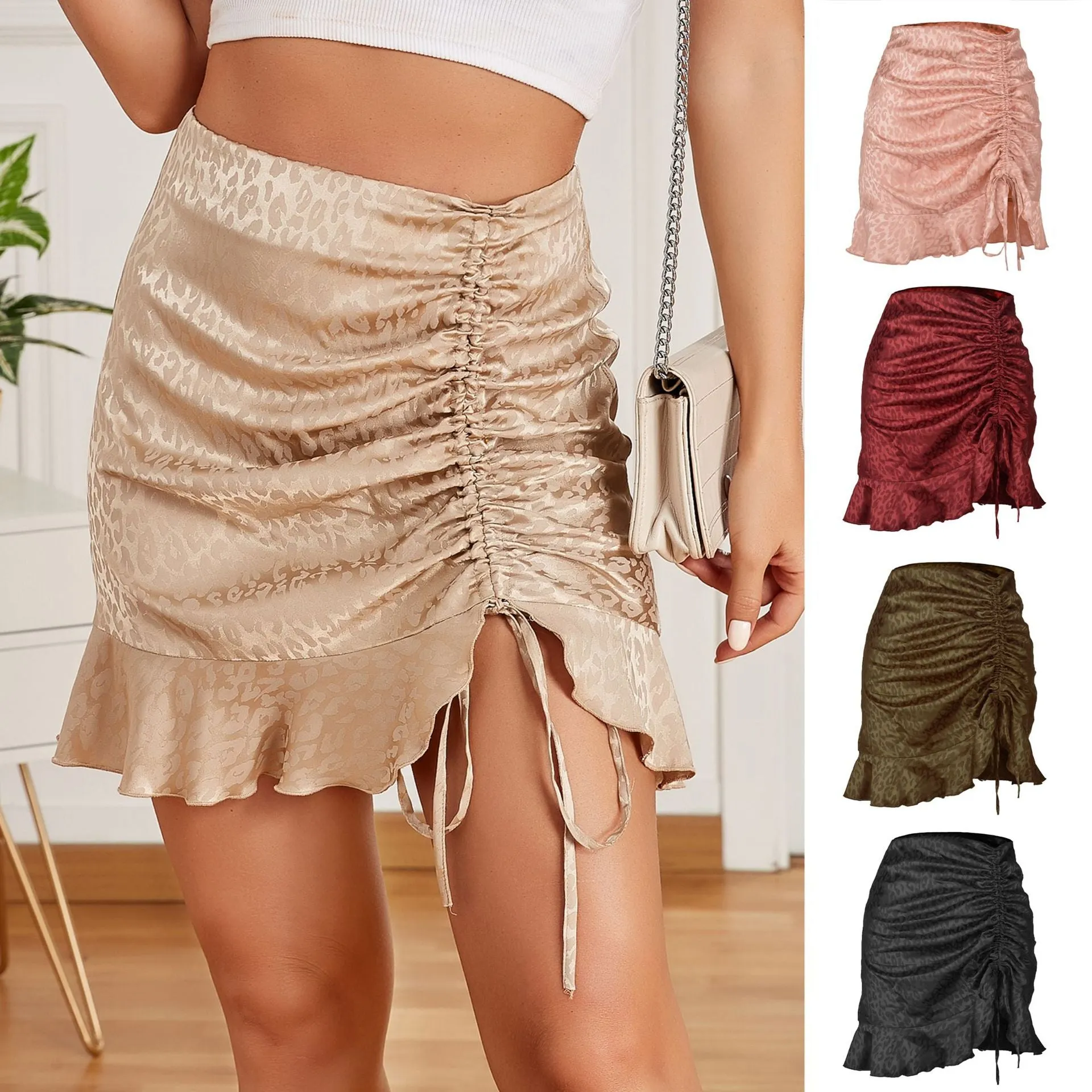 Drawstring Pleated Leopard Sexy Jacquard Satin Mermaid Skirts