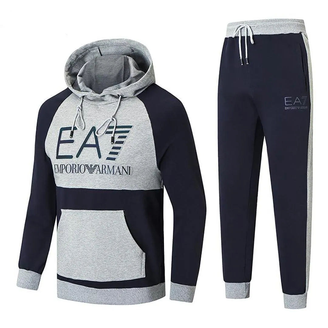 EA7 Men's Hooded Full Front Designed Tracksuit Set-Grey Black