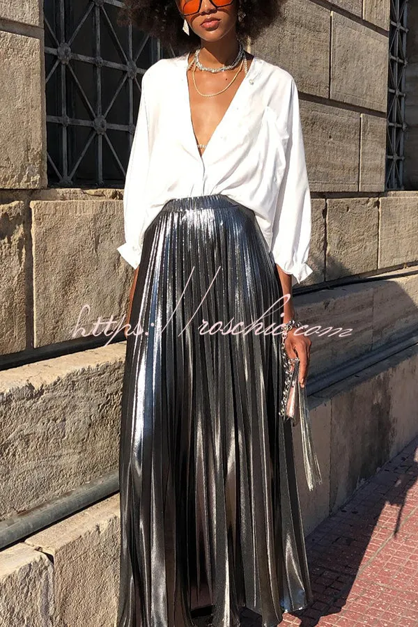 Fashionable Metallic Pleated Back Elastic Waist Maxi Skirt