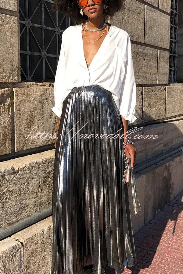 Fashionable Metallic Pleated Back Elastic Waist Maxi Skirt