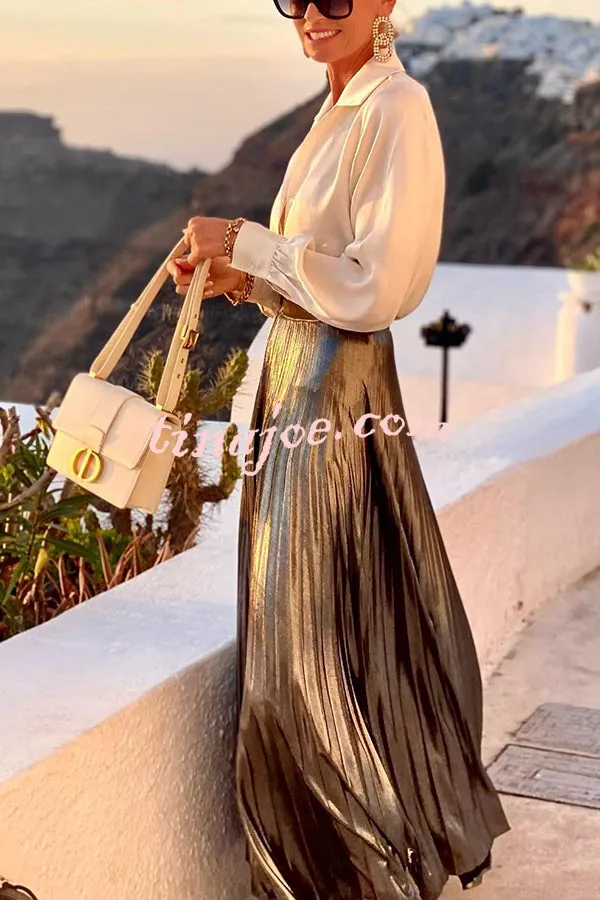 Fashionable Metallic Pleated Back Elastic Waist Maxi Skirt