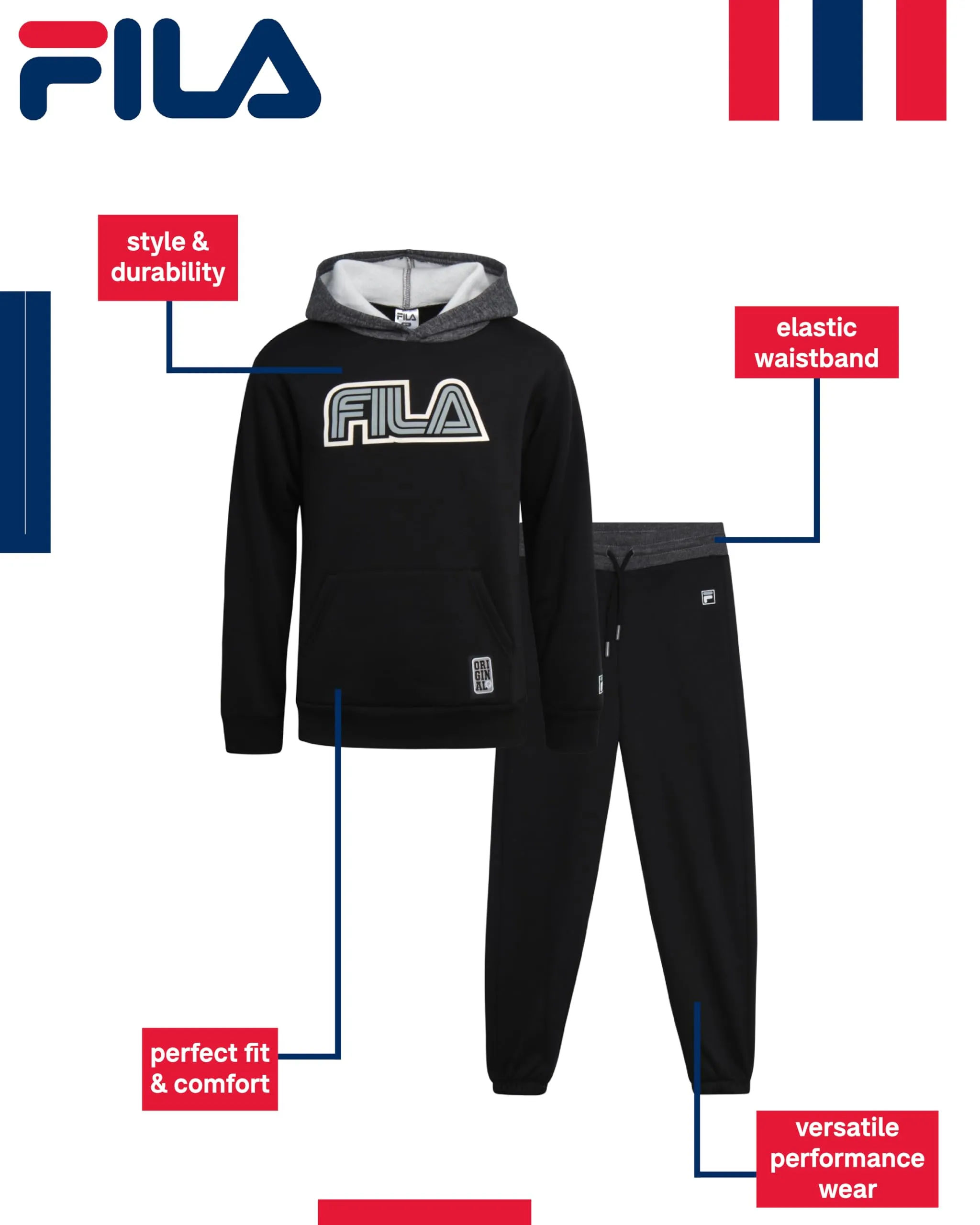 Fila Boys' Sweatsuit Set - 2 Piece Athletic Hoodie Sweatshirt and Active Jogger Sweatpants - Boys Activewear Jogset (8-12), Size 8, Black