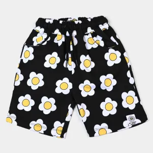 Girls Terry Short White Flower - Jet Black