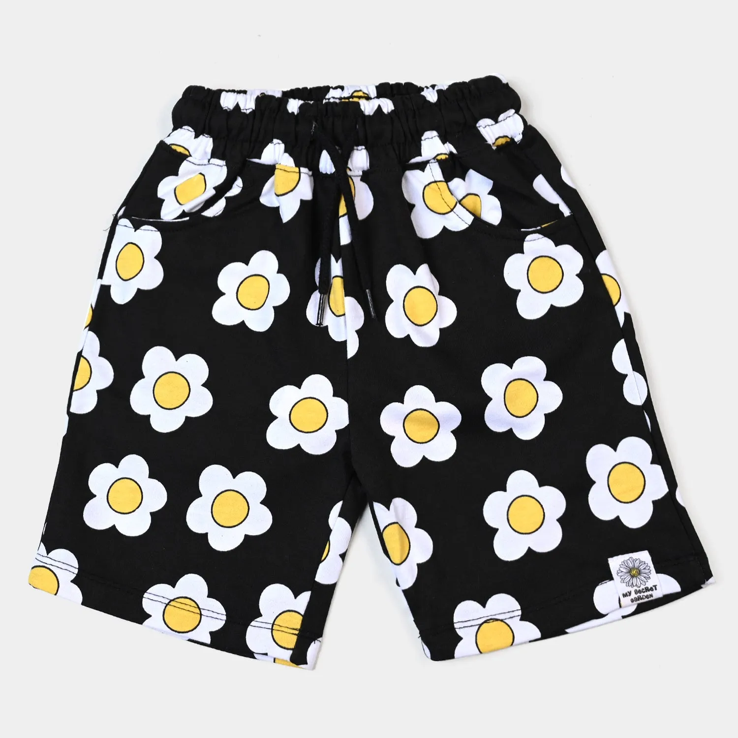 Girls Terry Short White Flower - Jet Black