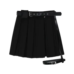 Gothic Women's Pleated Mini Skirts / Sexy Black High Waist Skirts with Belt