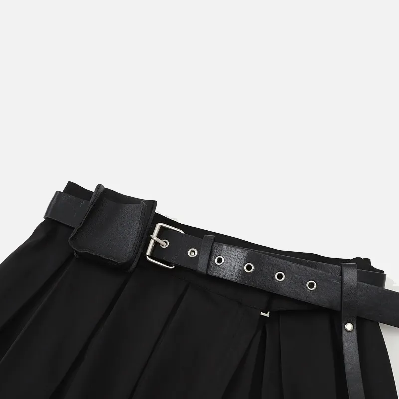 Gothic Women's Pleated Mini Skirts / Sexy Black High Waist Skirts with Belt