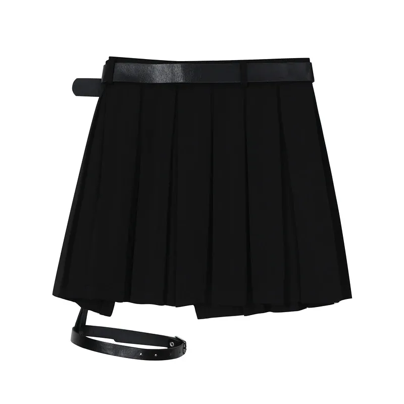 Gothic Women's Pleated Mini Skirts / Sexy Black High Waist Skirts with Belt