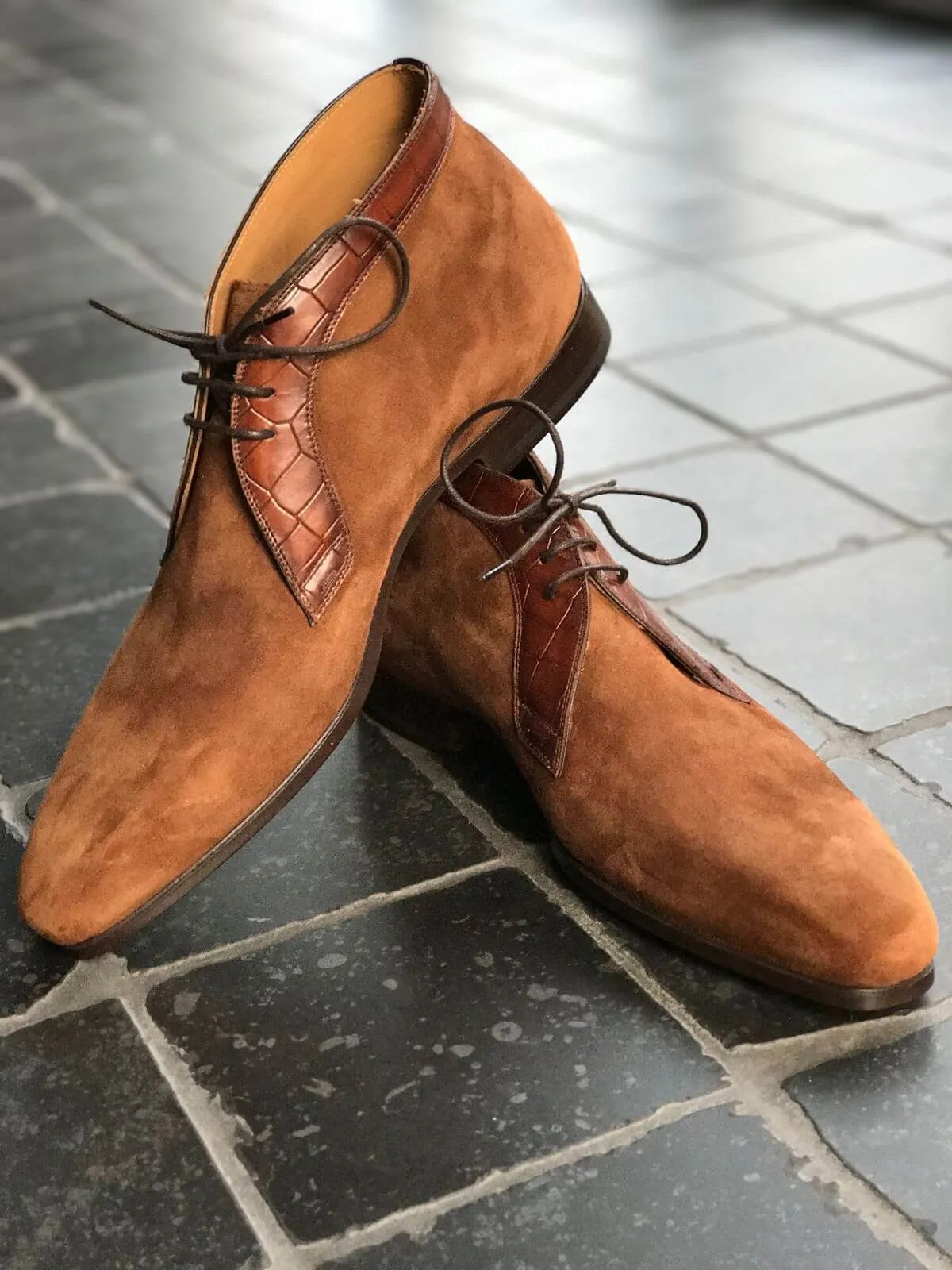 Handmade Men's Brown Leather Suede Chukka Boots, Men Lace Up stylish Dress Boots