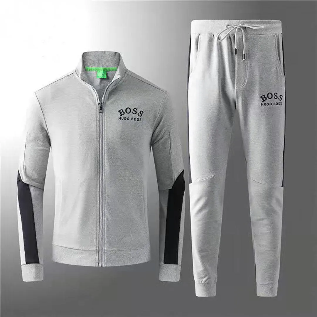 HB Branded Two Piece Cotton Designed Zip Up Track Suit - Grey