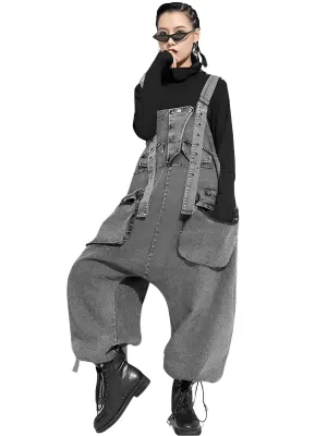 High Waist Women's Denim Overalls Black Pocket Trousers New Loose Fit Pants Women Fashion Spring Autumn