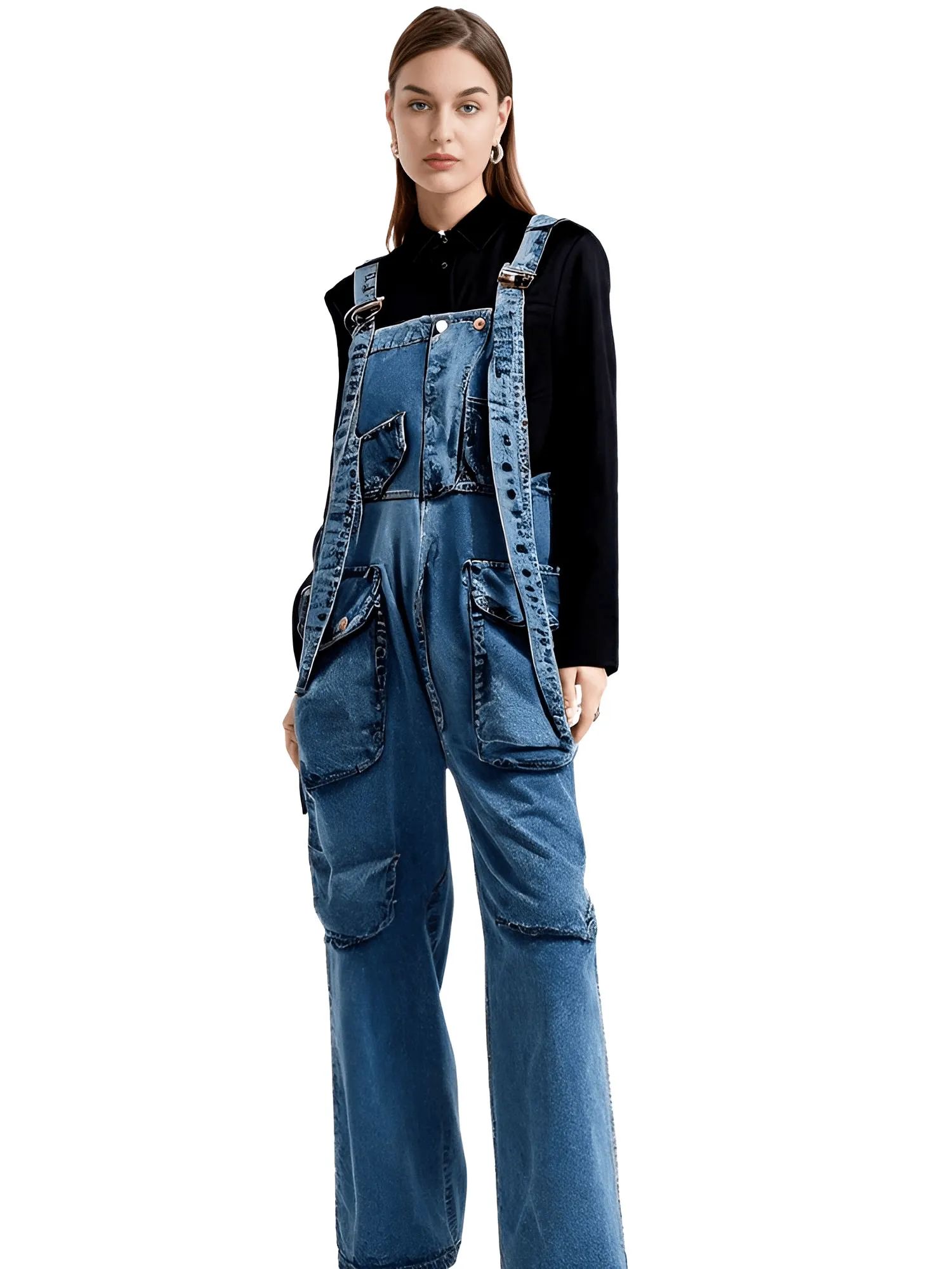 High Waist Women's Denim Overalls Black Pocket Trousers New Loose Fit Pants Women Fashion Spring Autumn