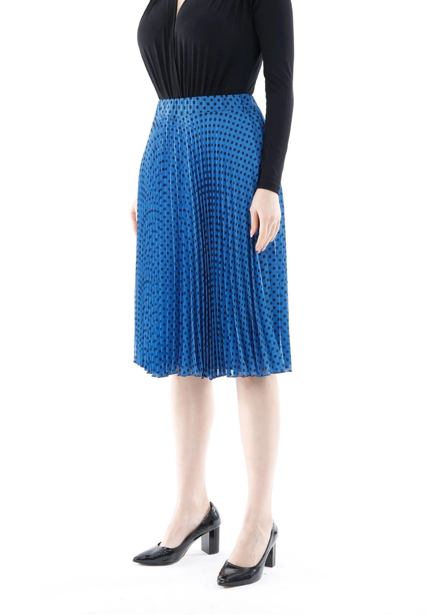 Indigo Chiffon Polka Dot Pattern Pleated Midi Skirt