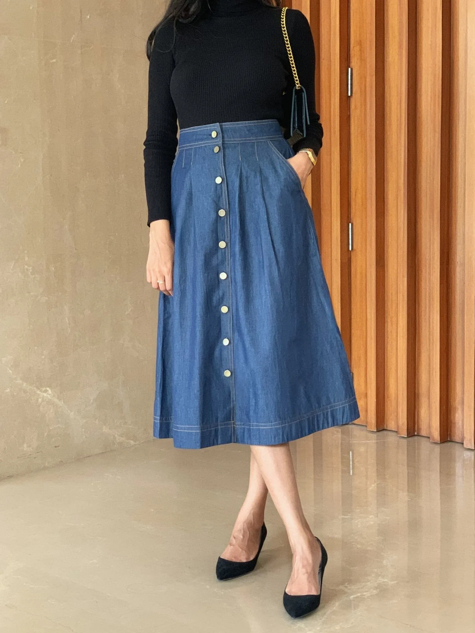 Indigo Cotton Denim High-Rise Button-Down Midi Skirt