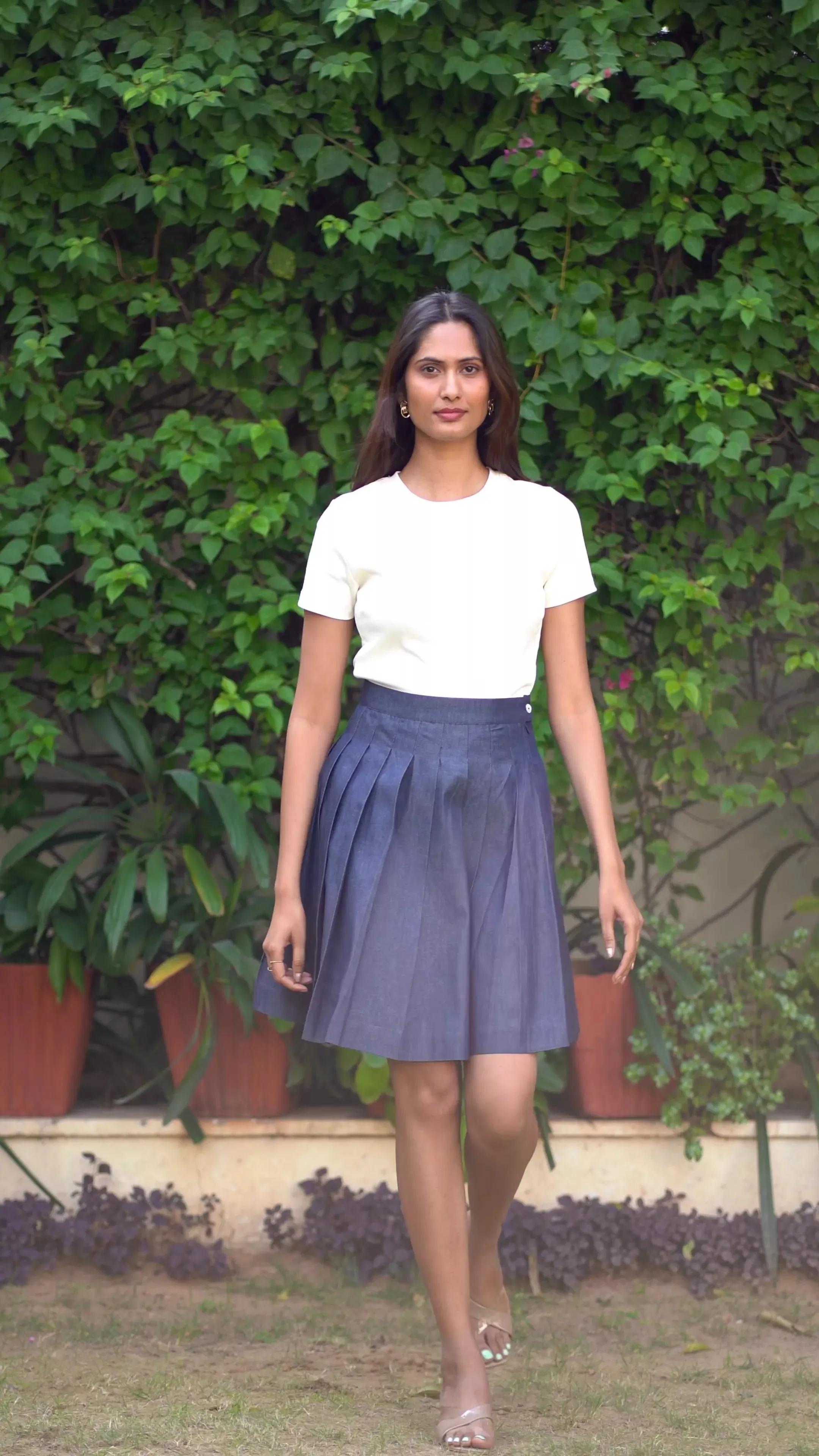 Indigo Cotton Denim Pleated Short Skirt