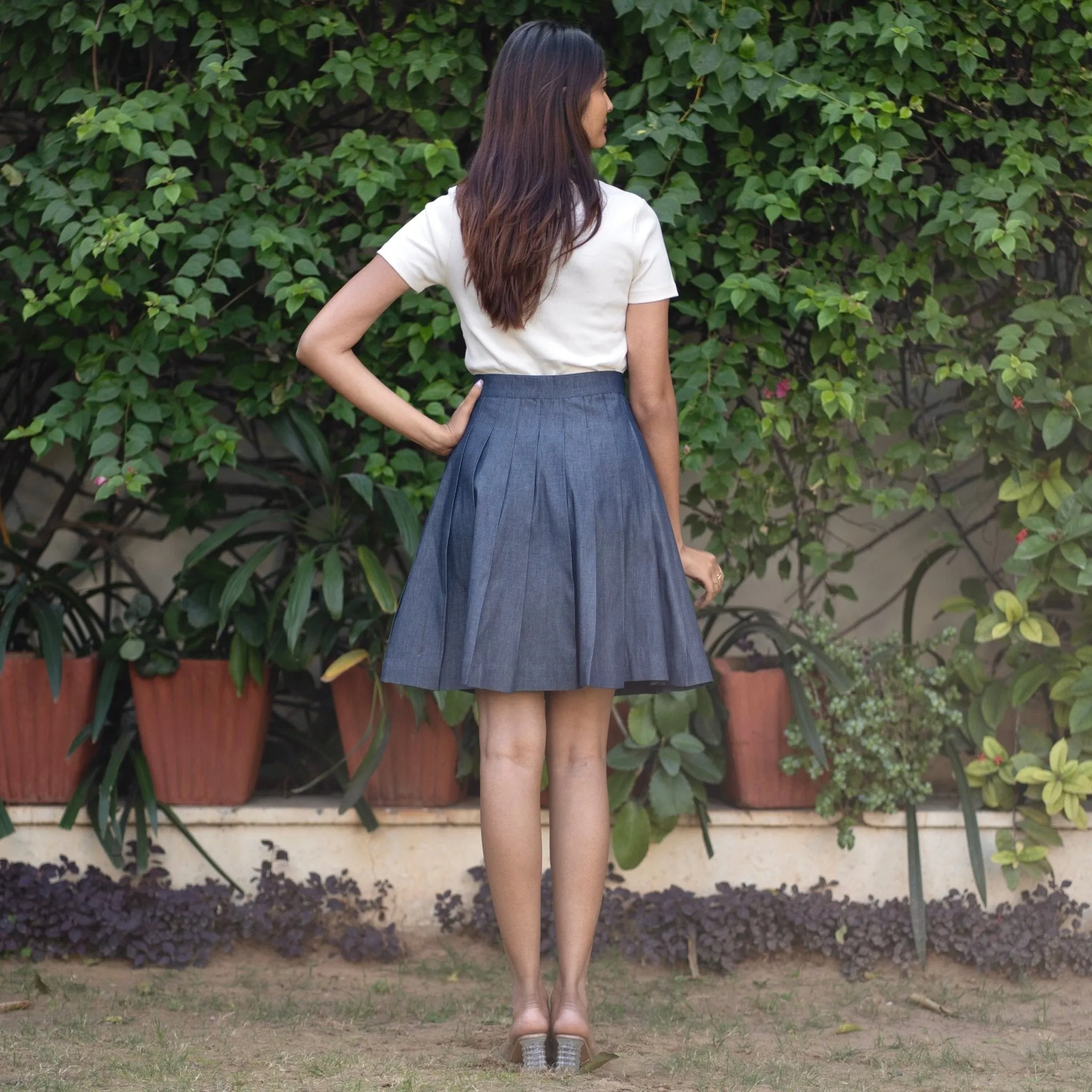 Indigo Cotton Denim Pleated Short Skirt